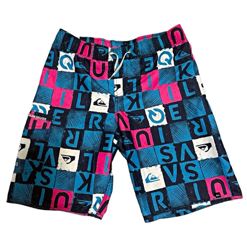 Vintage Quiksilver Men’s Board Shorts Geometric Logo L Drawstring Pockets